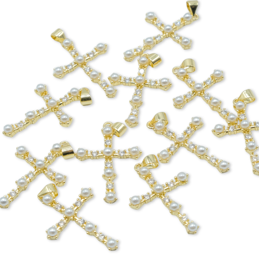 Style 107 -18K Gold Filled Pearl Cross Charm