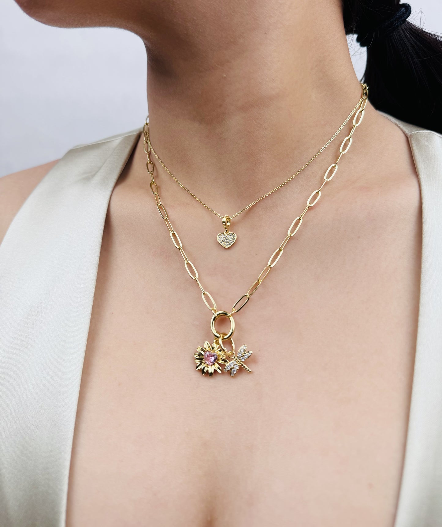 Crystal Heart With Ring Charm Pendant | 18K Gold-Filled & Silver Plated