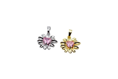 Daisy with Heart Pink Sapphire Charm Pendant | 18K Gold-Filled