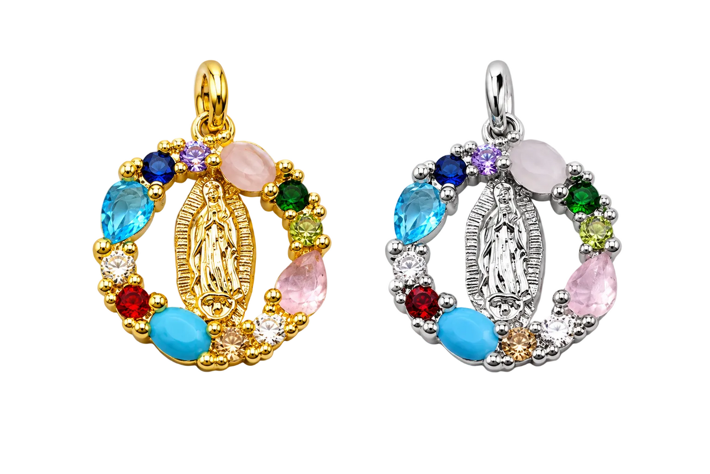 Our Lady Multicolor Gemstone Charm Pendant | 18K Gold-Filled & Silver Plated