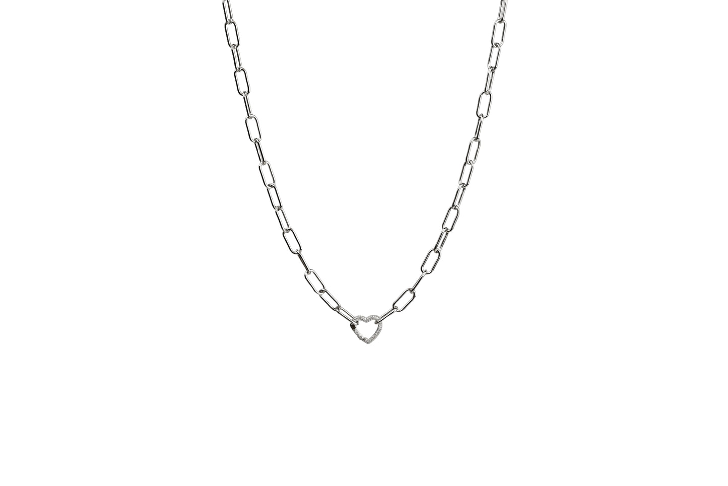 Diamond Heart Carabiner Chunky Paper Clip Chain Necklace