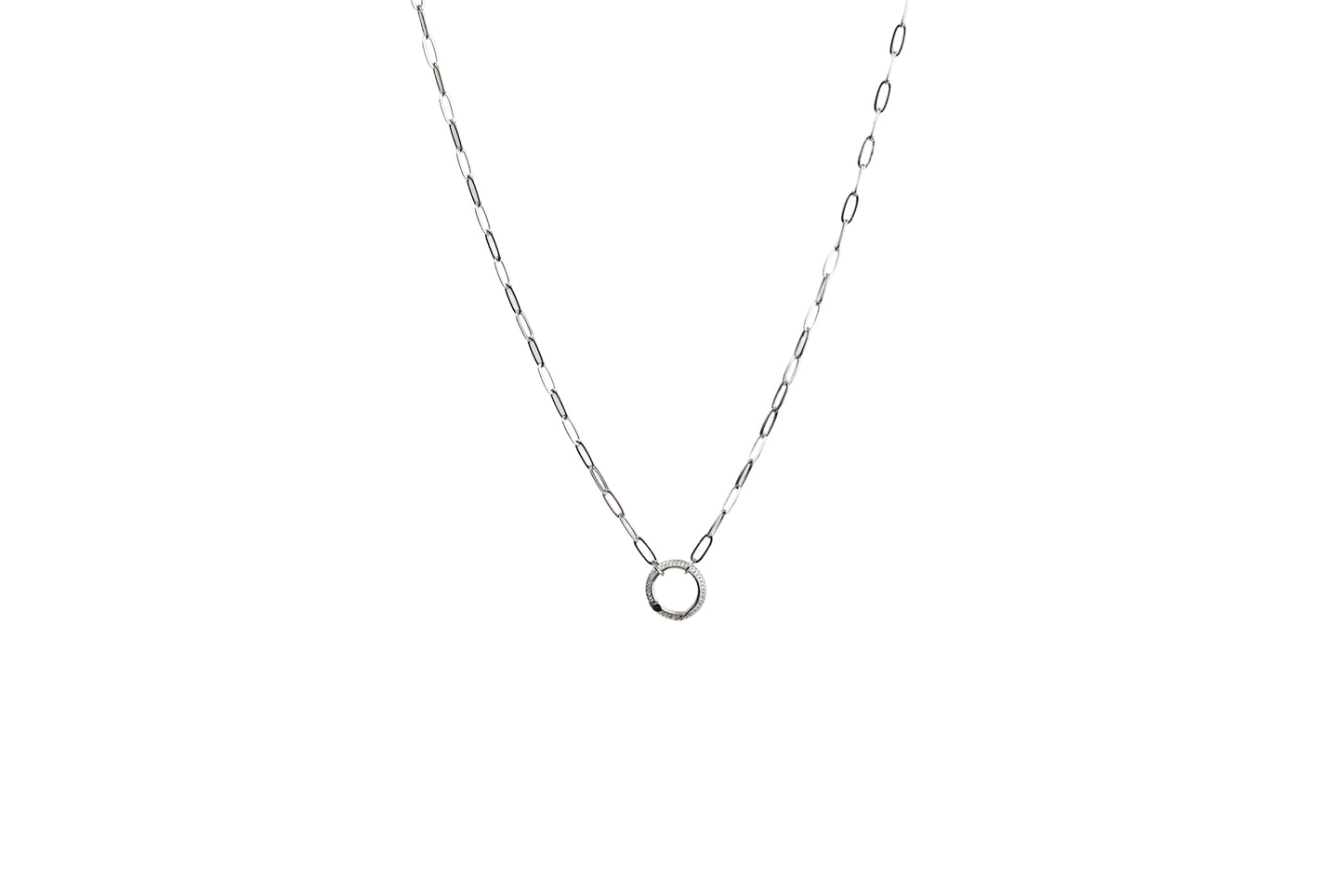 Pave Circle Carabiner Paper Clip Chain Necklace