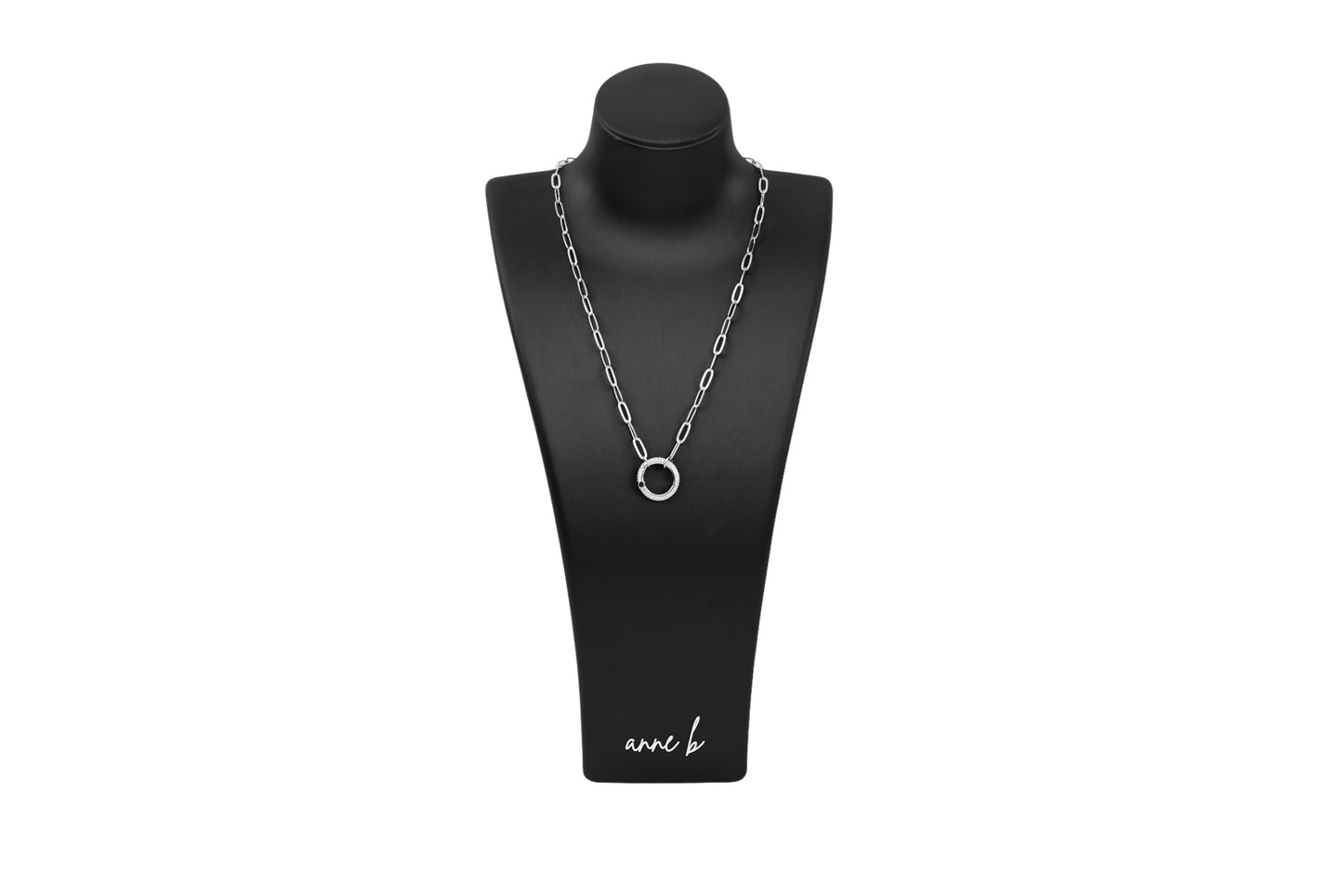 Pave Circle Carabiner Paper Clip Chain Necklace